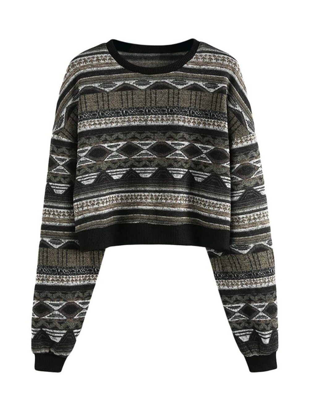 Women's Tribal Ethnic Graphic Cropped Knitwear Bohemian Long Sleeve Pullover